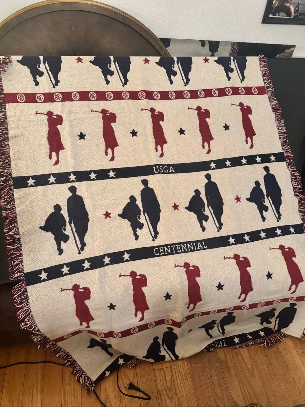 Vintage USGA Golf Centennial Tapestry Woven Blanket Red White Blue Patriotic